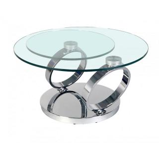 Table basse RING double plateau pivotant en verre et pieds anneaux métal chromé