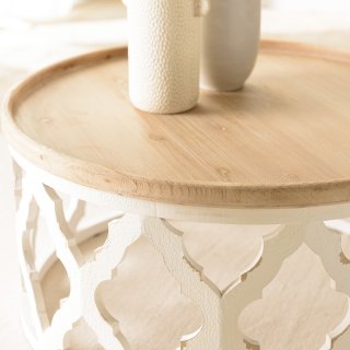 CORVIE  Table basse Ronde avec Plateau Naturel et Piétement en métal blanc