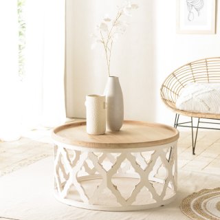 CORVIE  Table basse Ronde avec Plateau Naturel et Piétement en métal blanc