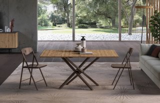 Table basse transformable SHAZAM pieds bronze plateau Vieux Bois Antique