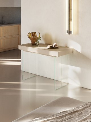 Table console extensible 14 couverts CITY FOLDING pieds verre trempé plateau stratifié écologique