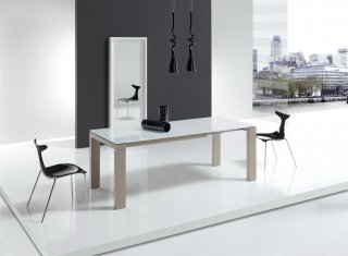 Table repas extensible ARMONIA 10 couverts 160/260x90cm pieds beiges plateau verre blanc