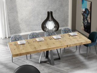 Table repas extensible CROSS 10 couverts 160/254x98cm pied métal noir plateau chêne noueux 