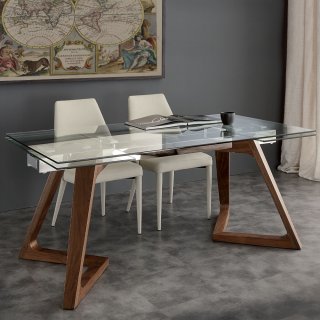 Table repas extensible GAUDI plateau en verre piétement bois massif teinté noyer 180/260 x 100 cm
