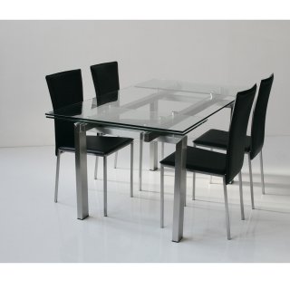Table repas extensible NEW YORK plateau verre trempé piétement acier brossé 160 x 90 cm.