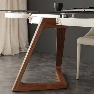 Table repas extensible GAUDI plateau en verre piétement bois massif teinté noyer 160/240 x 90 cm