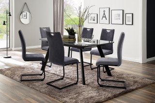 Table repas extensible ODOS 160/200 x 90 cm verre gris pied laque noir mat