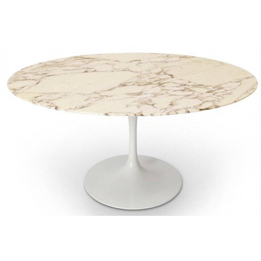 Table ronde de repas design TULIPE plateau en marbre gris beige.